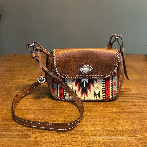 Brighton Handbags - Brighton Vintage Colton Flap Saddle Bag Crossbody Aztec Brown Leather Purse